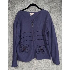 Timu Purple Wool Cardigan Sweater Floral Embellishment Zip Front Women XL